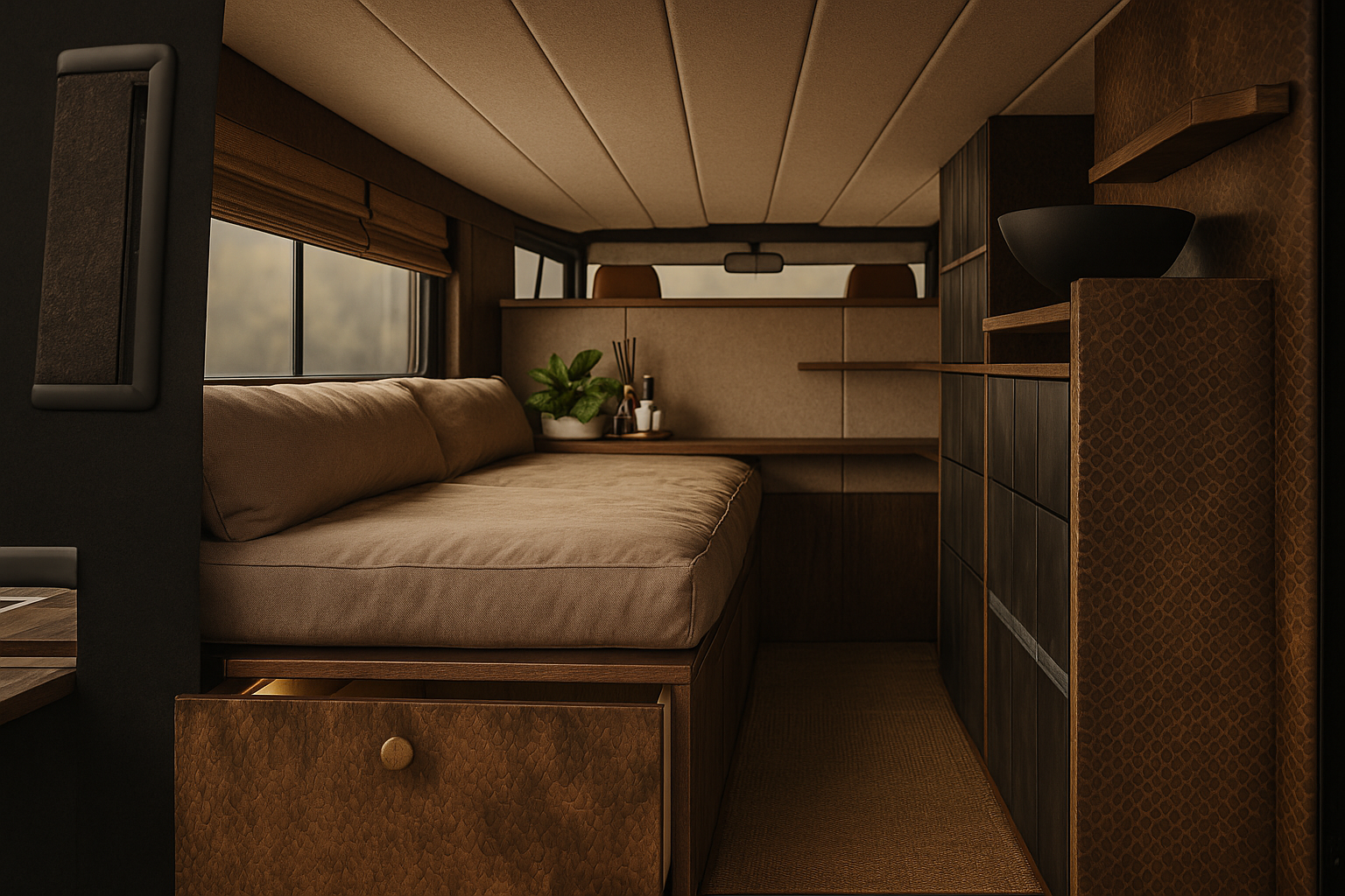 Creating a 4x4 tiny TRAVEL home/office on wheels with the materials of Alphenberg Leather!